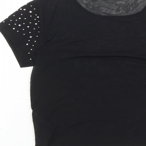 ASOS Womens Black Nylon Cropped T-Shirt Size 4 Round Neck - Rhinestone Detail