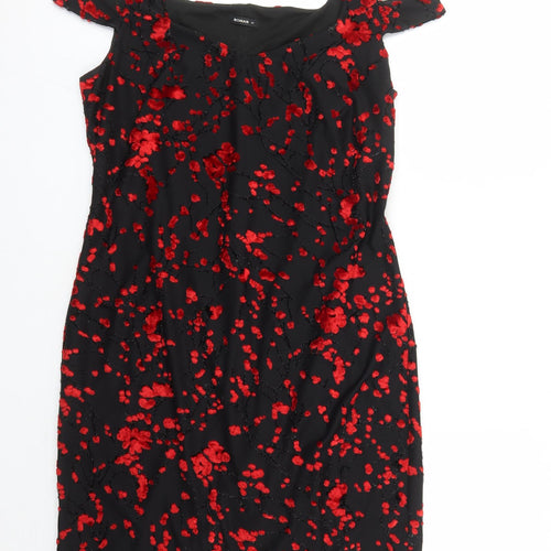 Roman Womens Black Geometric Viscose A-Line Size 14 V-Neck Pullover - Embroidered Flowers Glitter Detail
