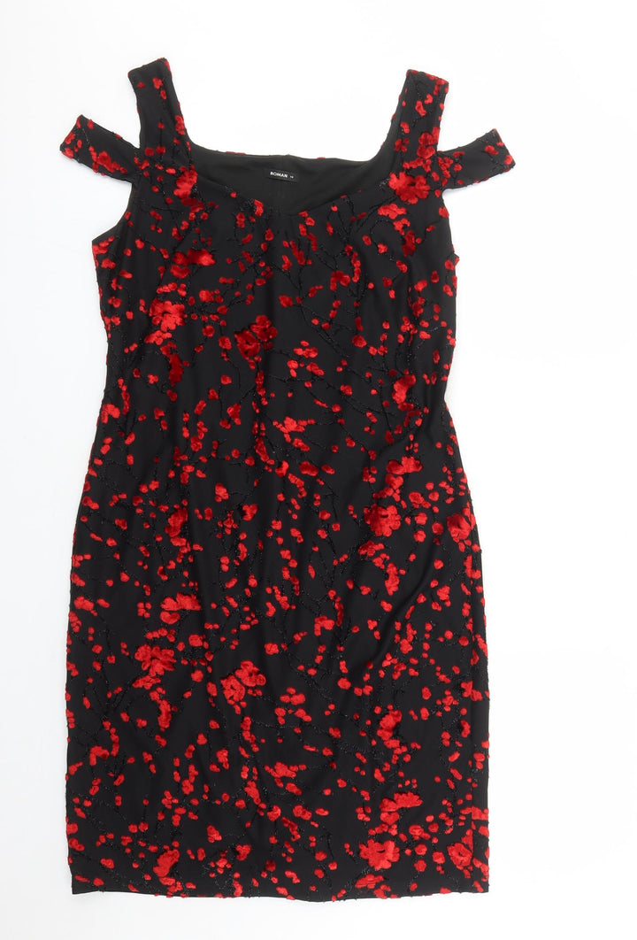 Roman Womens Black Geometric Viscose A-Line Size 14 V-Neck Pullover - Embroidered Flowers Glitter Detail
