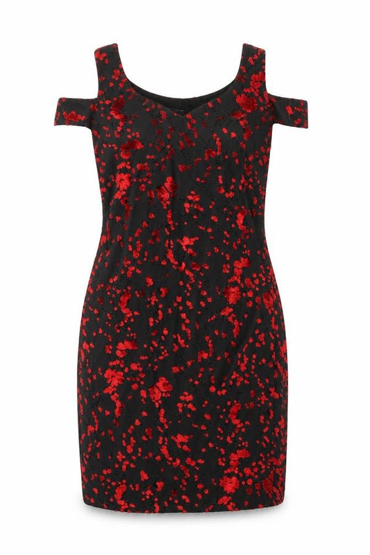Front view of Roman women’s black geometric viscose a-line, size UK 14, v-neck pullover - embroidered flowers glitter detail