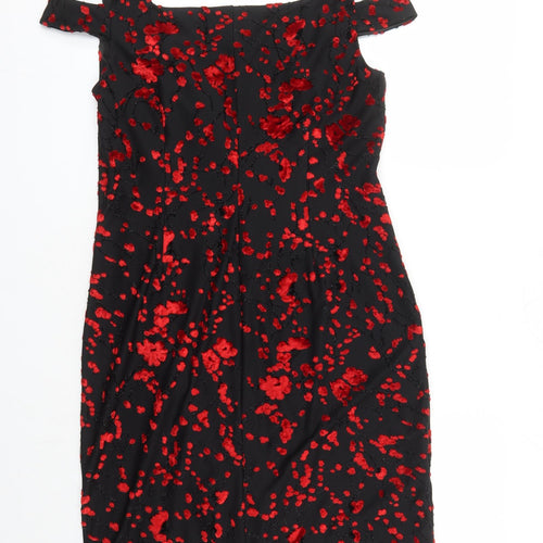 Roman Womens Black Geometric Viscose A-Line Size 14 V-Neck Pullover - Embroidered Flowers Glitter Detail