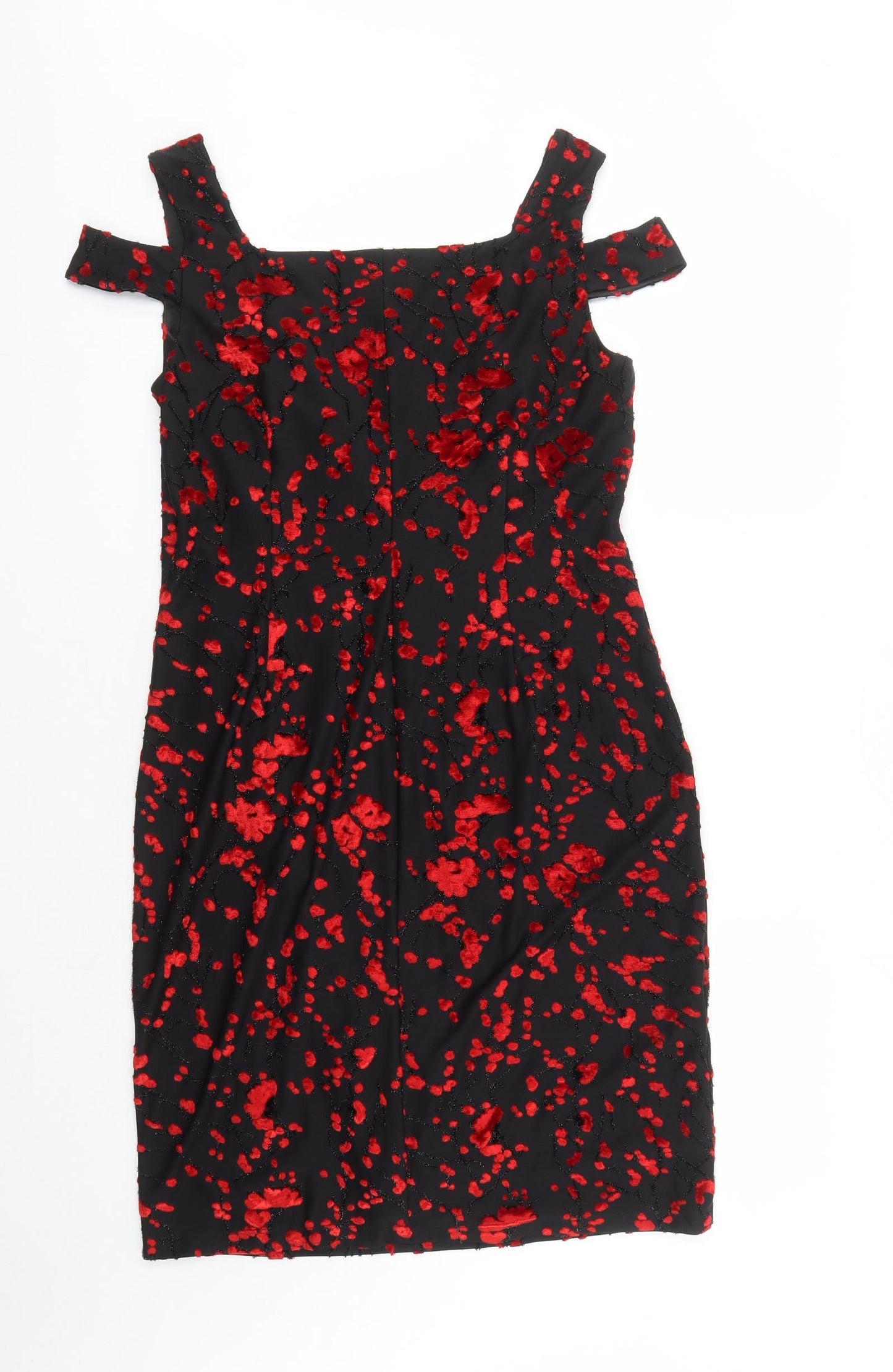 Roman Womens Black Geometric Viscose A-Line Size 14 V-Neck Pullover - Embroidered Flowers Glitter Detail