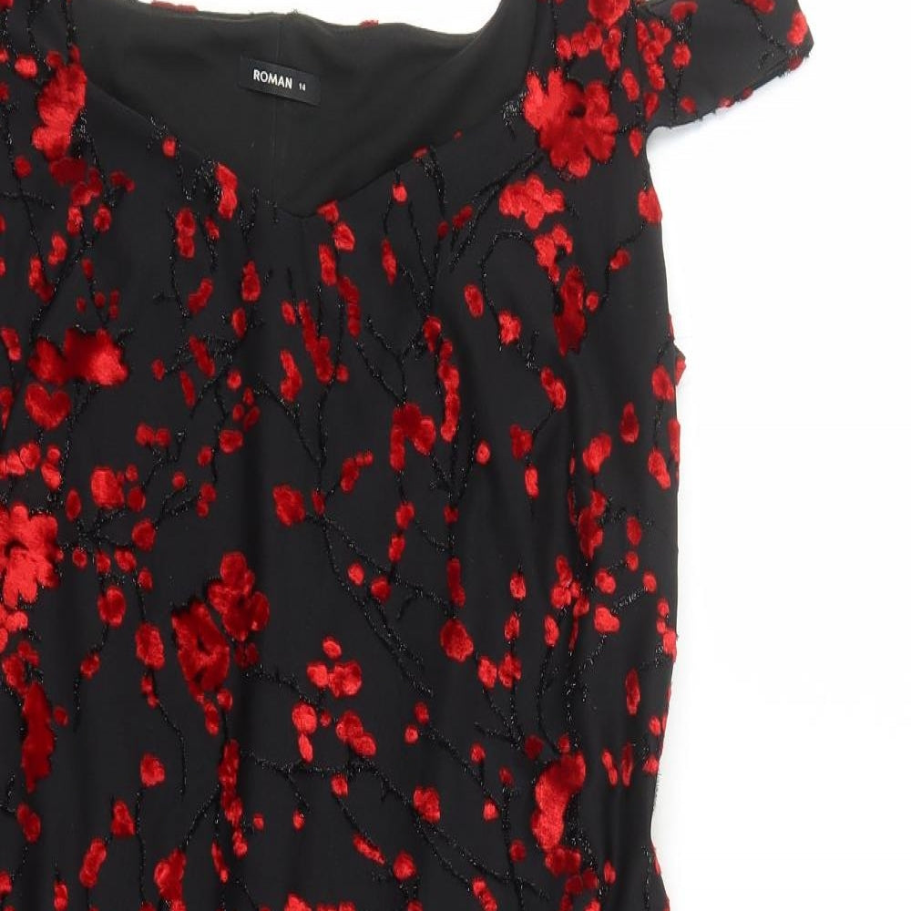 Roman Womens Black Geometric Viscose A-Line Size 14 V-Neck Pullover - Embroidered Flowers Glitter Detail
