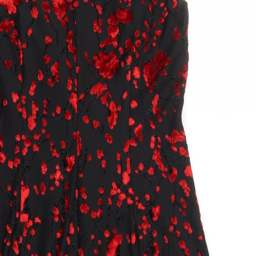 Roman Womens Black Geometric Viscose A-Line Size 14 V-Neck Pullover - Embroidered Flowers Glitter Detail