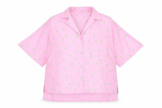 Front view of Noisy May women’s pink floral polyester basic button-up, size XL, collared