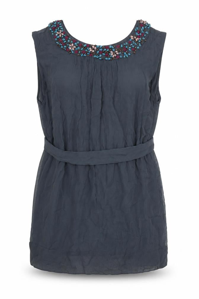 Front view of French Connection women’s grey silk basic blouse, size UK 6, round neck - beaded neckline