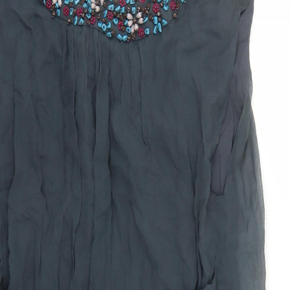 French Connection Womens Grey Silk Basic Blouse Size 6 Round Neck - Beaded Neckline