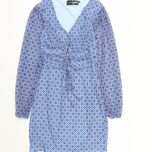 Luna Loves Womens Blue Geometric Polyester A-Line Size 12 V-Neck Pullover