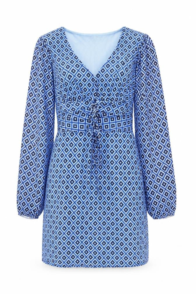 Front view of Luna Loves women’s blue geometric polyester a-line, size UK 12, v-neck pullover