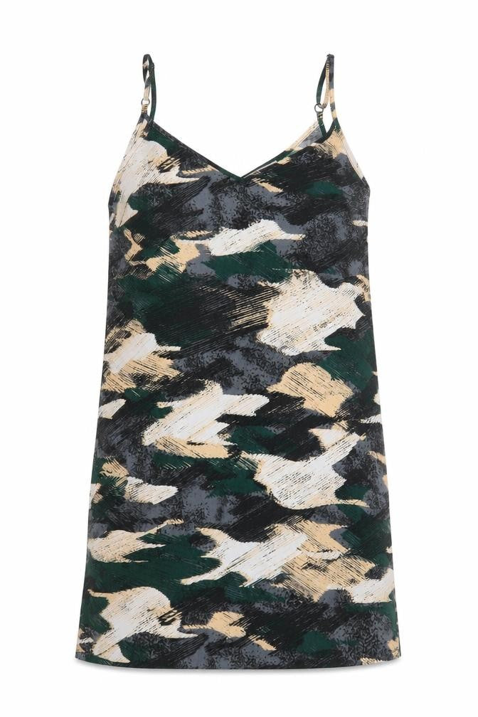 Front view of ASOS women’s multicoloured geometric polyester slip dress, size UK 12, v-neck pullover