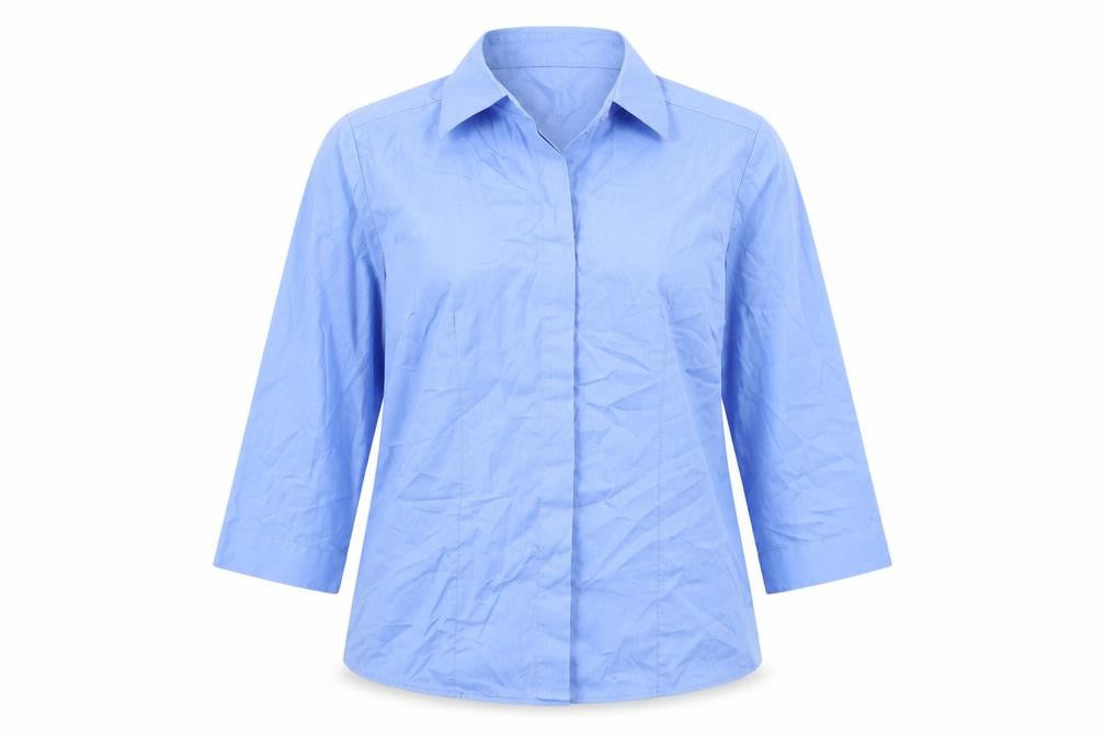 Front view of Russell Collection women’s blue polyester basic blouse, size S, collared