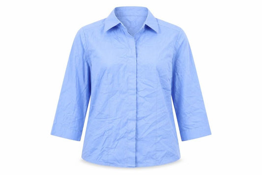 Front view of Russell Collection women’s blue polyester basic blouse, size S, collared