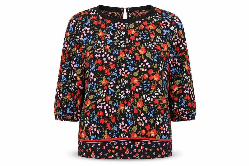 Front view of Next women’s multicoloured geometric viscose basic blouse, size UK 6, round neck