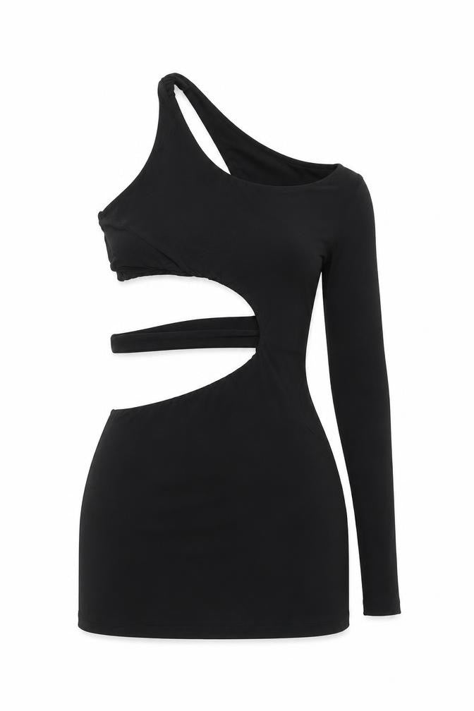 Front view of Rebellious women’s black polyester mini, size UK 14, round neck pullover - cut out detail