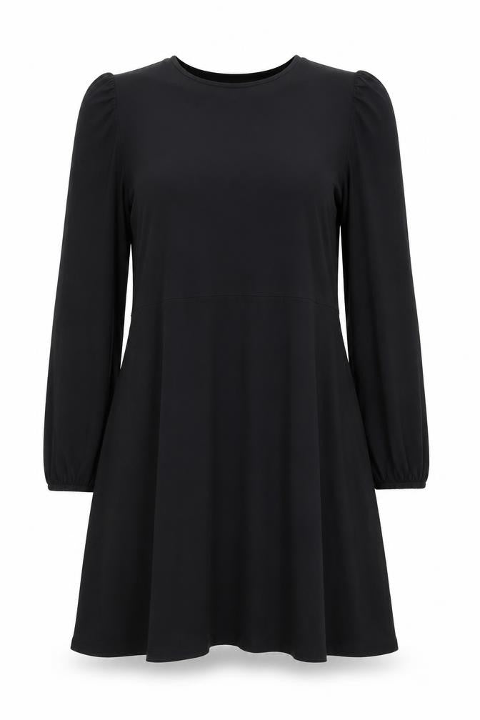 Front view of Marks & Spencer women’s black viscose a-line, size UK 12, round neck pullover