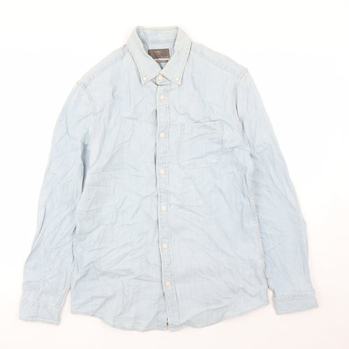 Marks and Spencer Mens Blue Cotton Button-Up Size S Collared Button