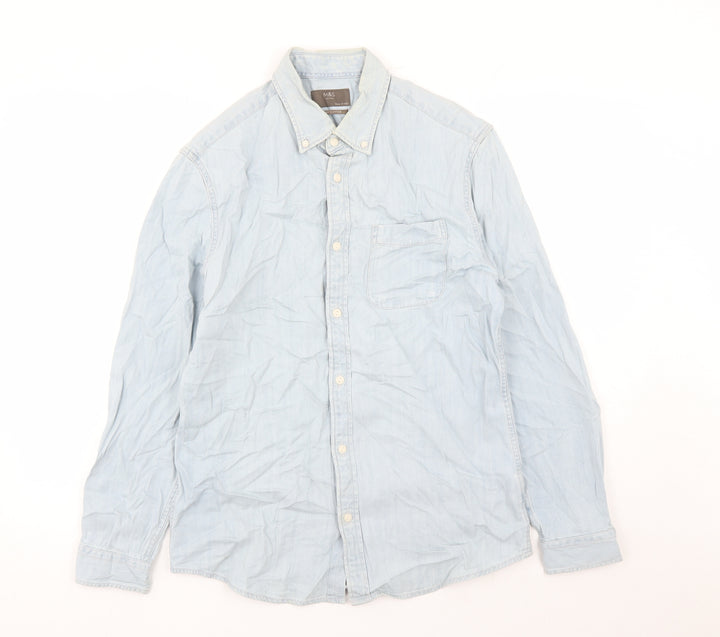 Marks and Spencer Mens Blue Cotton Button-Up Size S Collared Button