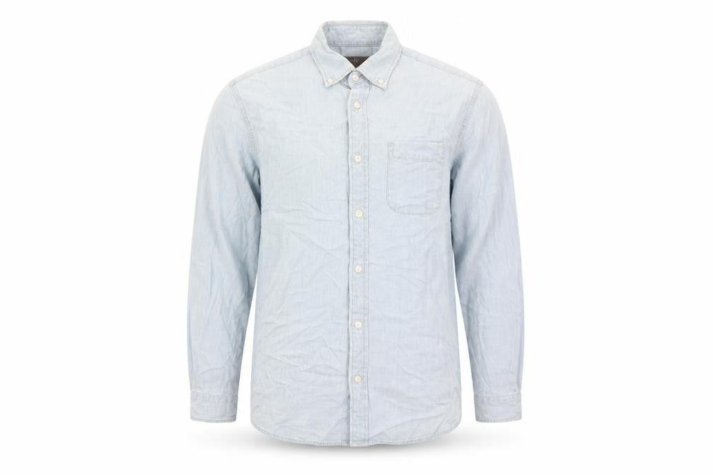 Front view of Marks & Spencer men’s blue cotton button-up, size S, collared button