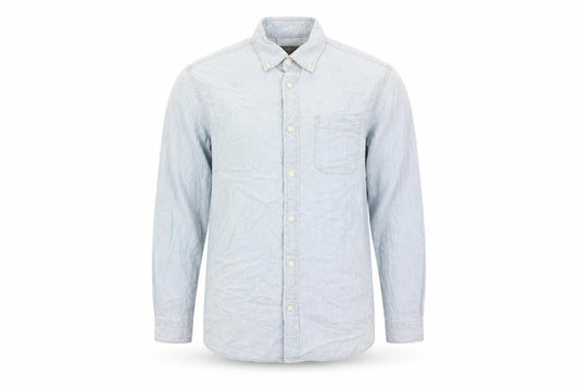 Front view of Marks & Spencer men’s blue cotton button-up, size S, collared button