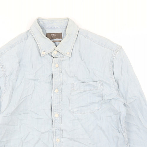 Marks and Spencer Mens Blue Cotton Button-Up Size S Collared Button