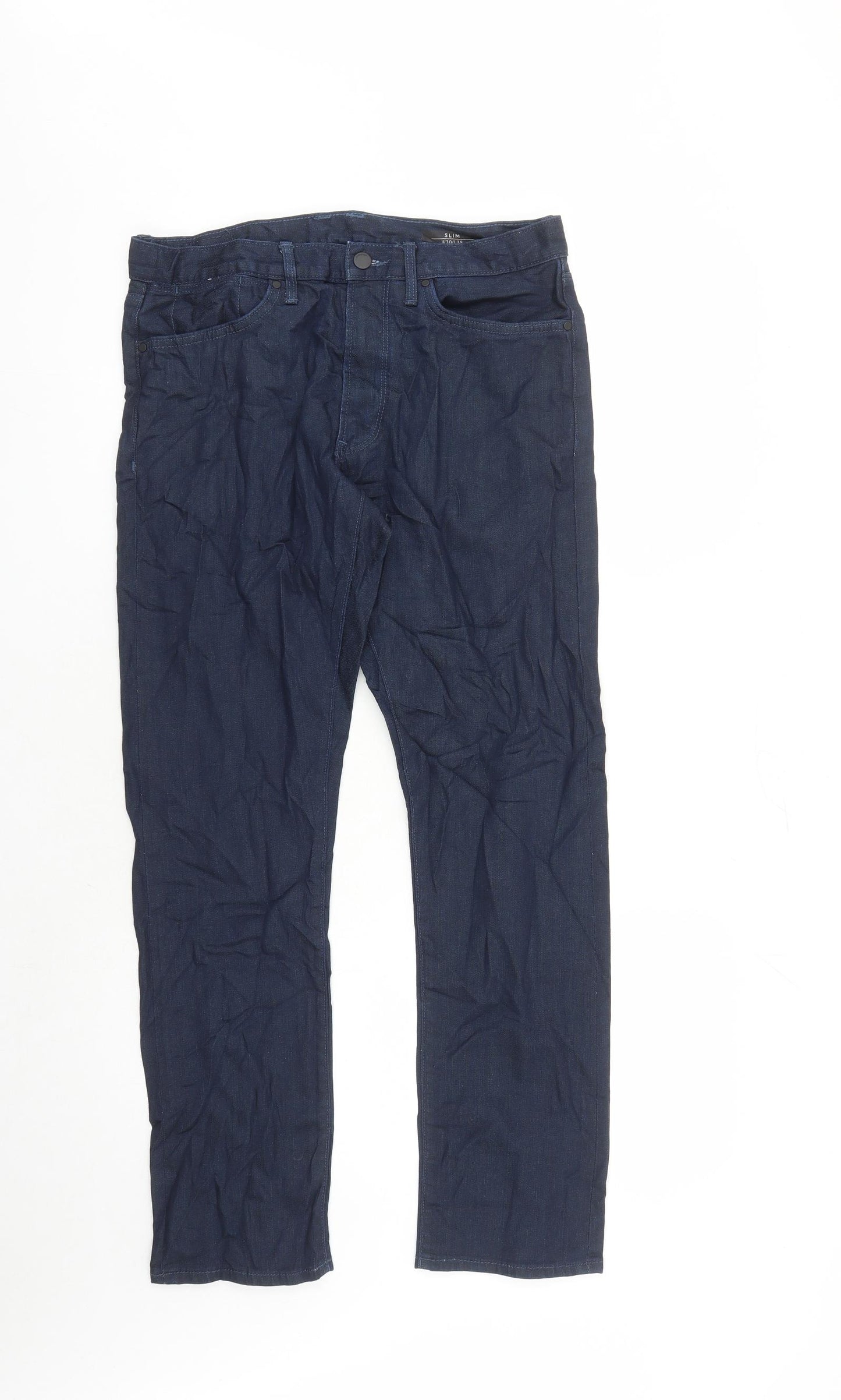 Marks and Spencer Mens Blue Cotton Straight Jeans Size 30 in L29 in Slim Zip - Pockets