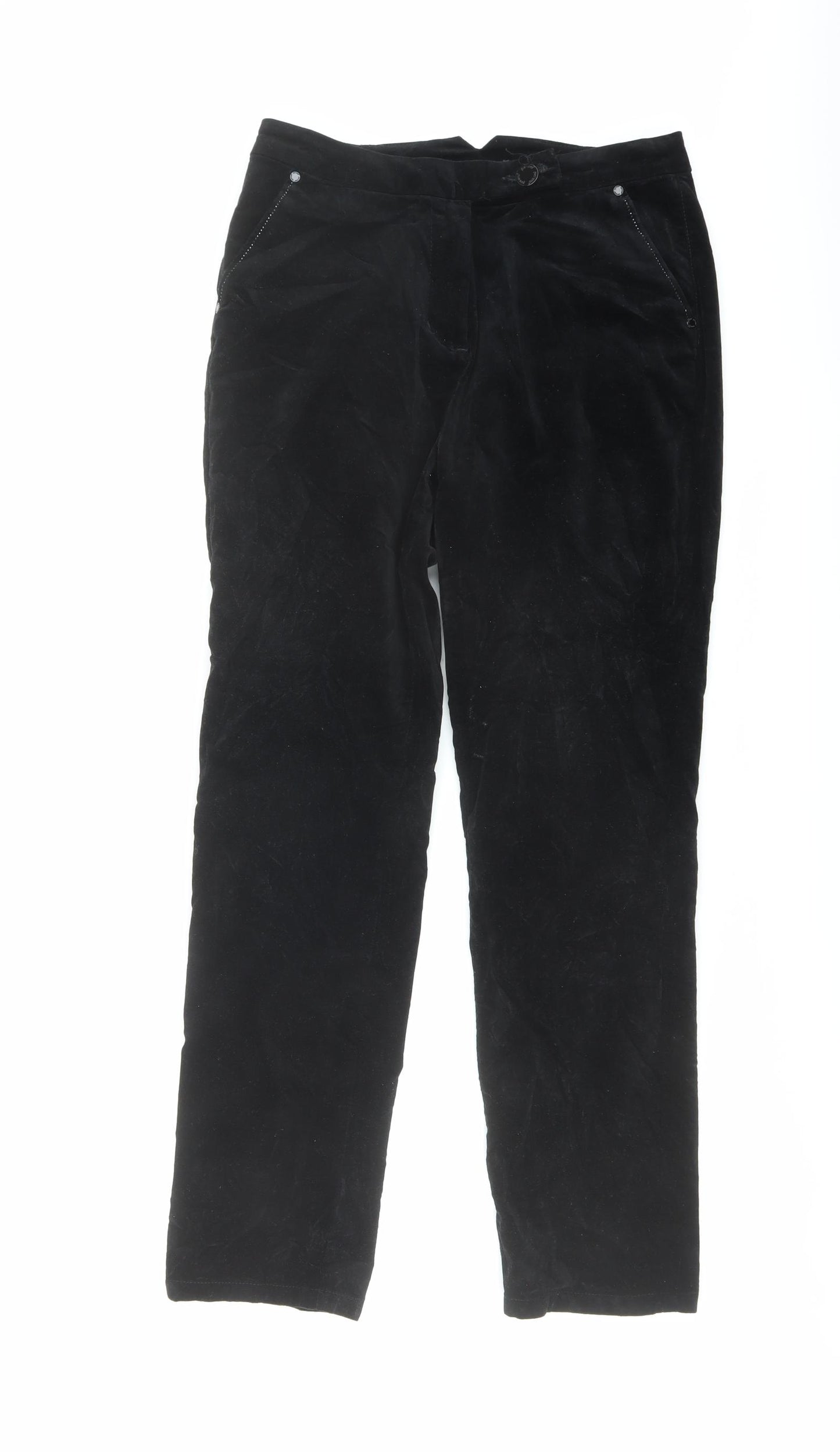 Per Una Womens Black Cotton Trousers Size 14 L29 in Slim Button