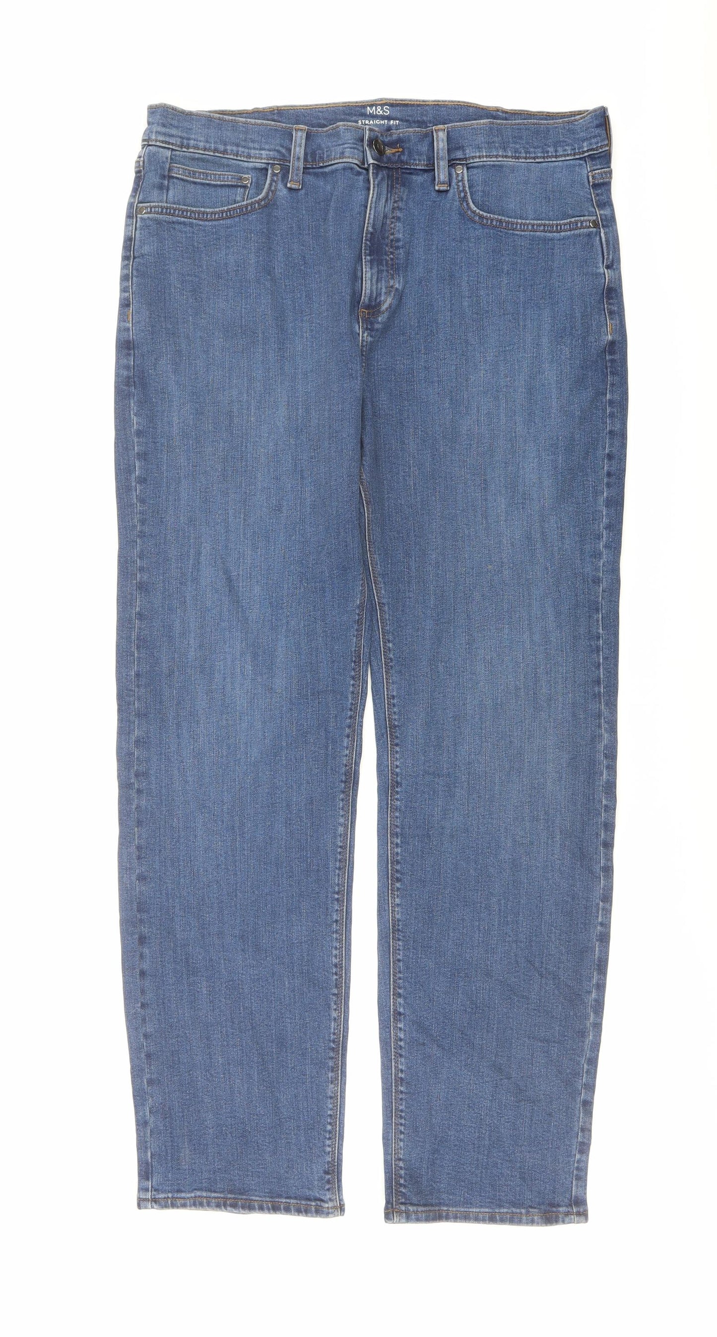 Marks and Spencer Mens Blue Cotton Straight Jeans Size 36 in L31 in Regular Button