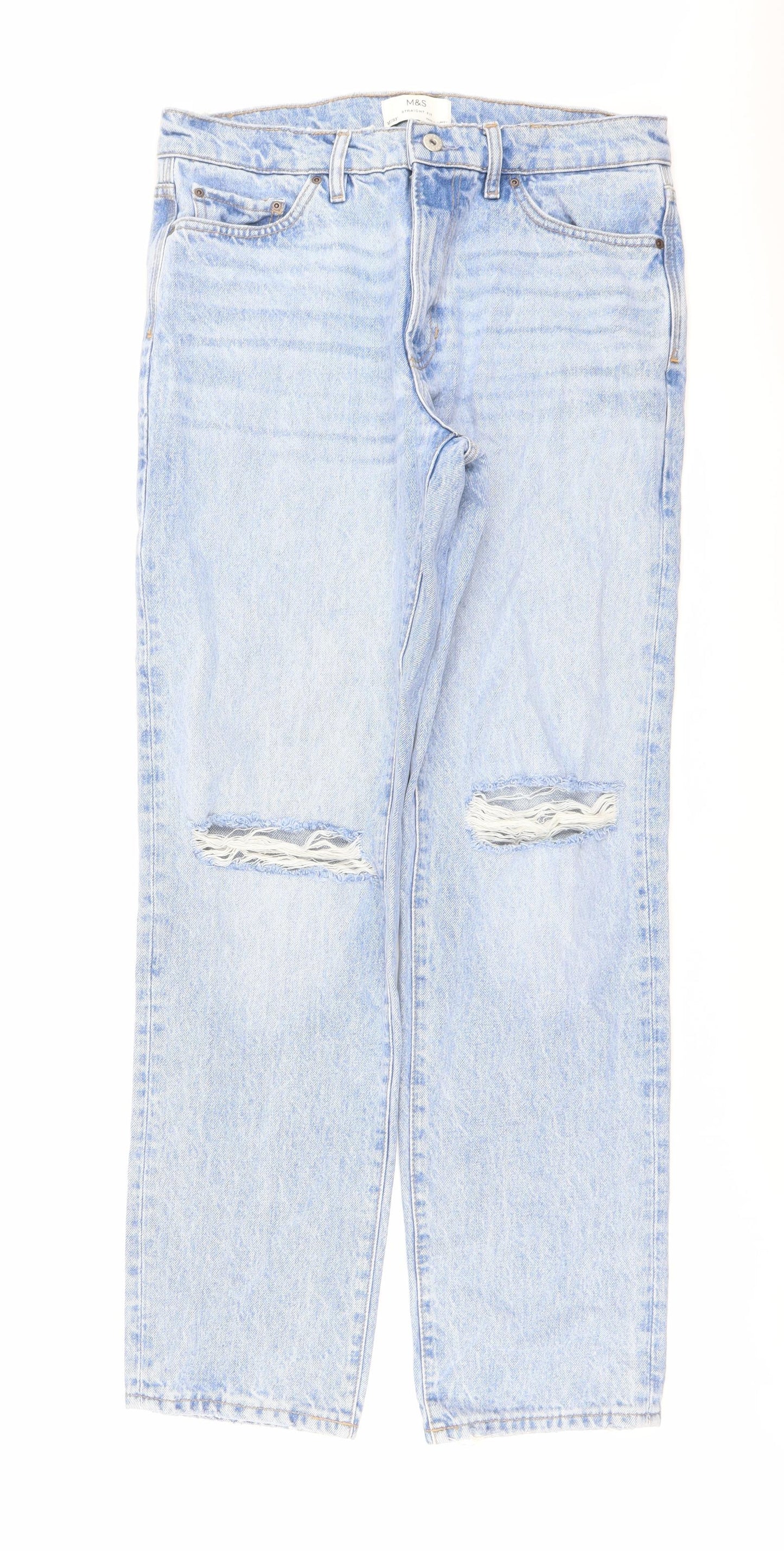 Marks and Spencer Mens Blue Cotton Straight Jeans Size 32 in L33 in Regular Button