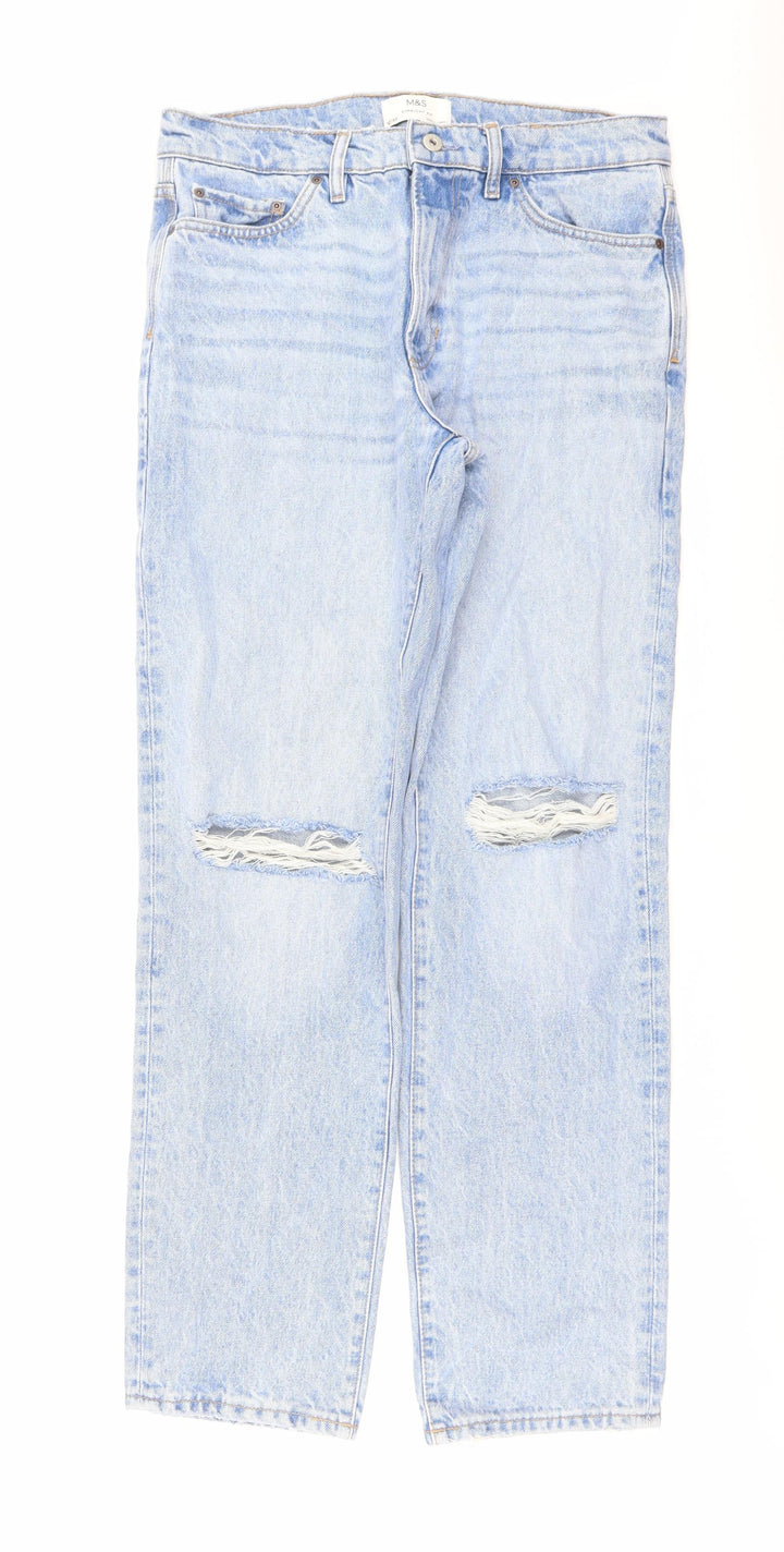 Marks and Spencer Mens Blue Cotton Straight Jeans Size 32 in L33 in Regular Button
