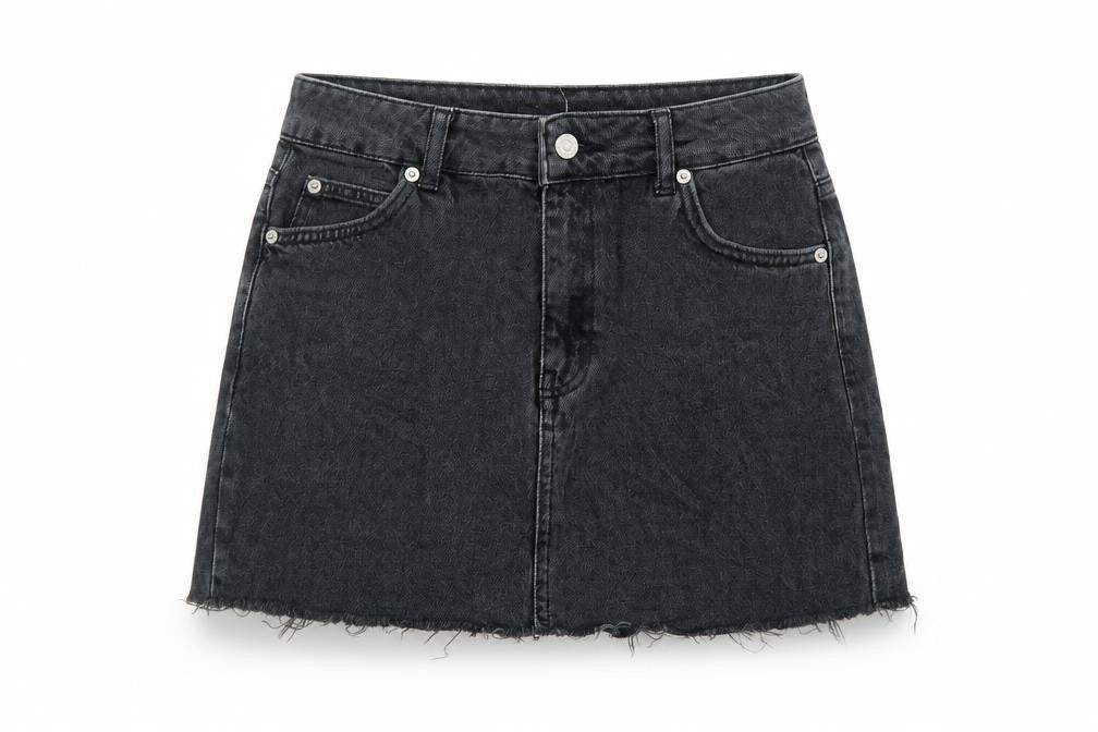 Front view of Topshop women’s grey cotton mini skirt, size UK 8, button