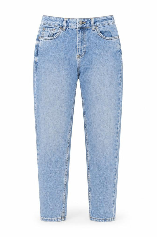 Front view of Topshop women’s blue cotton mom jeans, size UK 26, in, 26-inch leg regular button