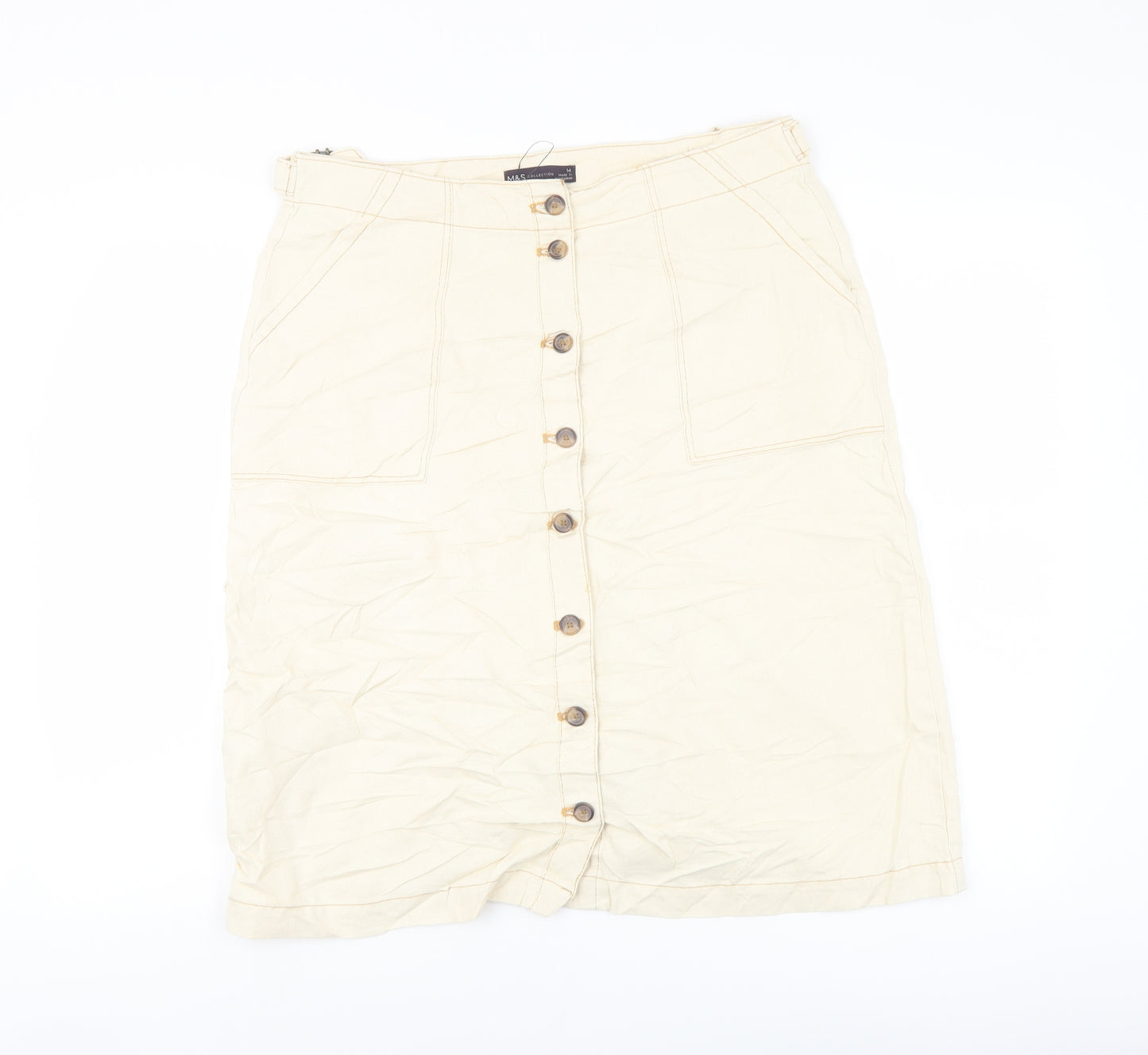 Marks and Spencer Womens Ivory Cotton A-Line Skirt Size 14 Button