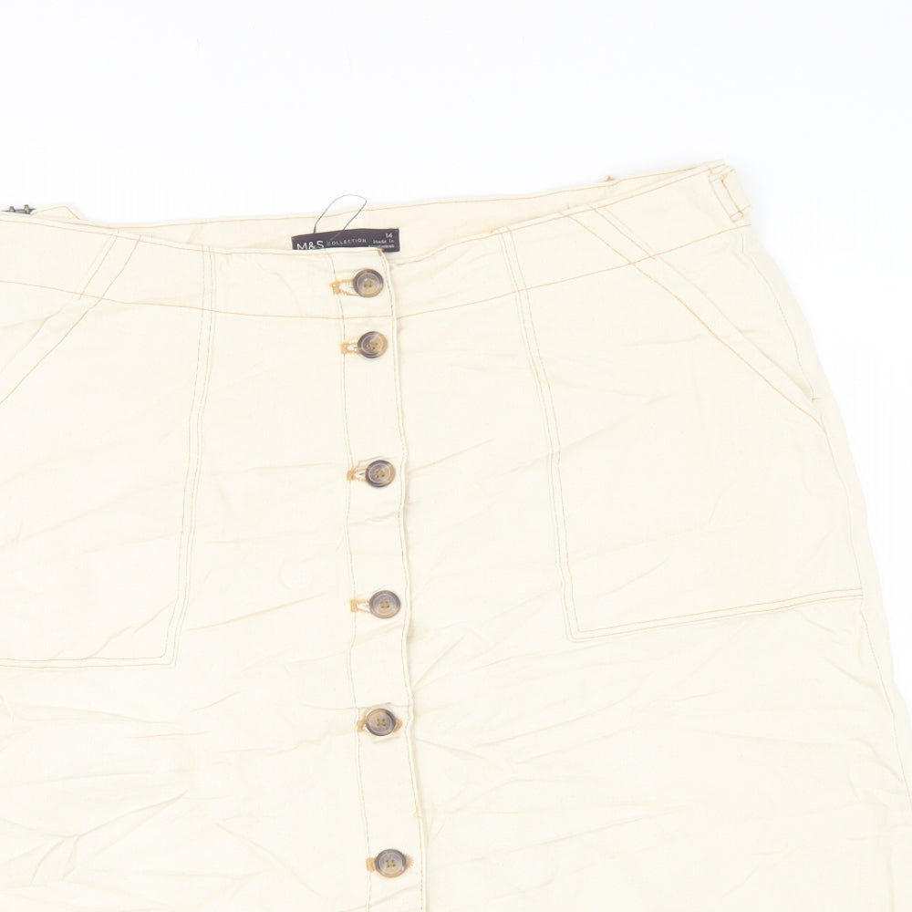 Marks and Spencer Womens Ivory Cotton A-Line Skirt Size 14 Button