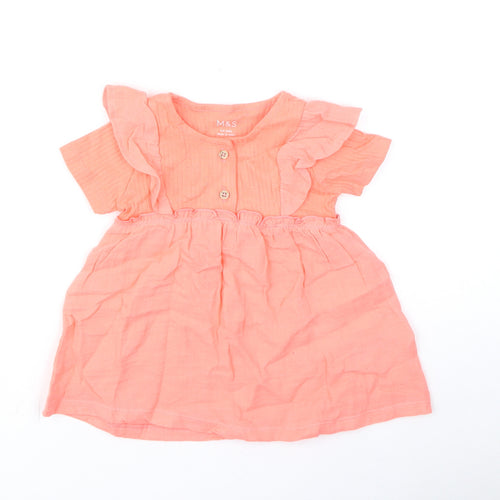 Marks and Spencer Girls Pink Cotton A-Line Size 3-4 Years Round Neck Button - Ruffles