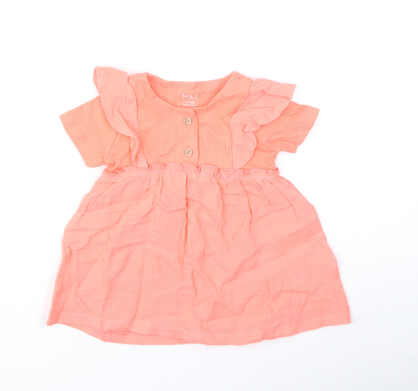 Marks and Spencer Girls Pink Cotton A-Line Size 3-4 Years Round Neck Button - Ruffles