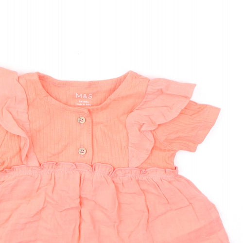 Marks and Spencer Girls Pink Cotton A-Line Size 3-4 Years Round Neck Button - Ruffles