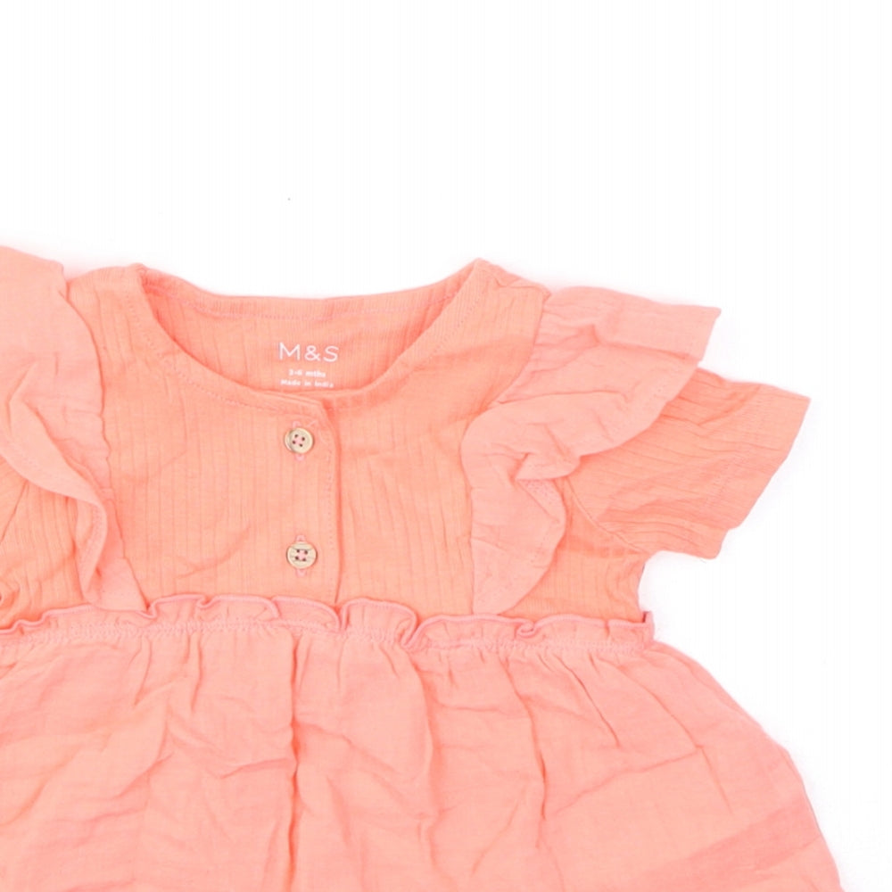 Marks and Spencer Girls Pink Cotton A-Line Size 3-4 Years Round Neck Button - Ruffles
