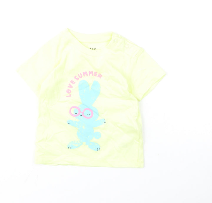 Marks and Spencer Girls Yellow Cotton Basic T-Shirt Size 3-6 Months Round Neck Snap - Bunny, Love Summer