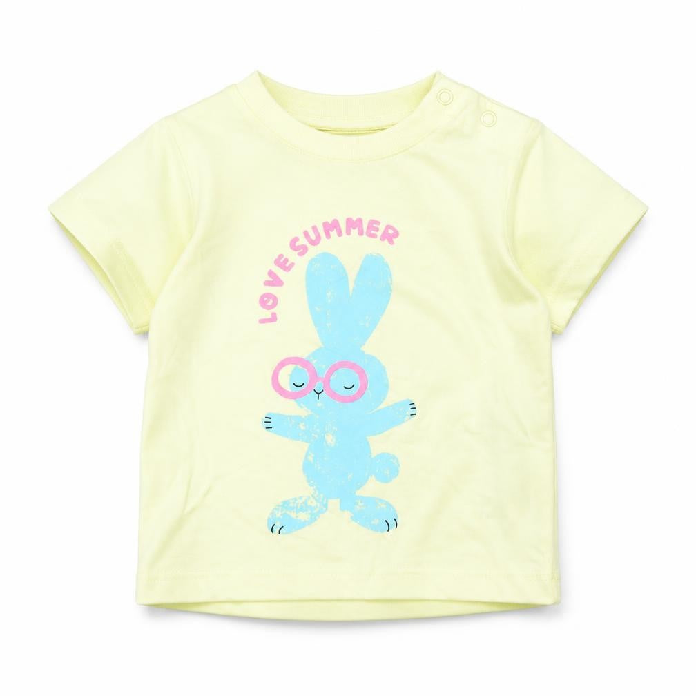 Marks and Spencer Girls Yellow Cotton Basic T-Shirt Size 3-6 Months Round Neck Snap - Bunny, Love Summer