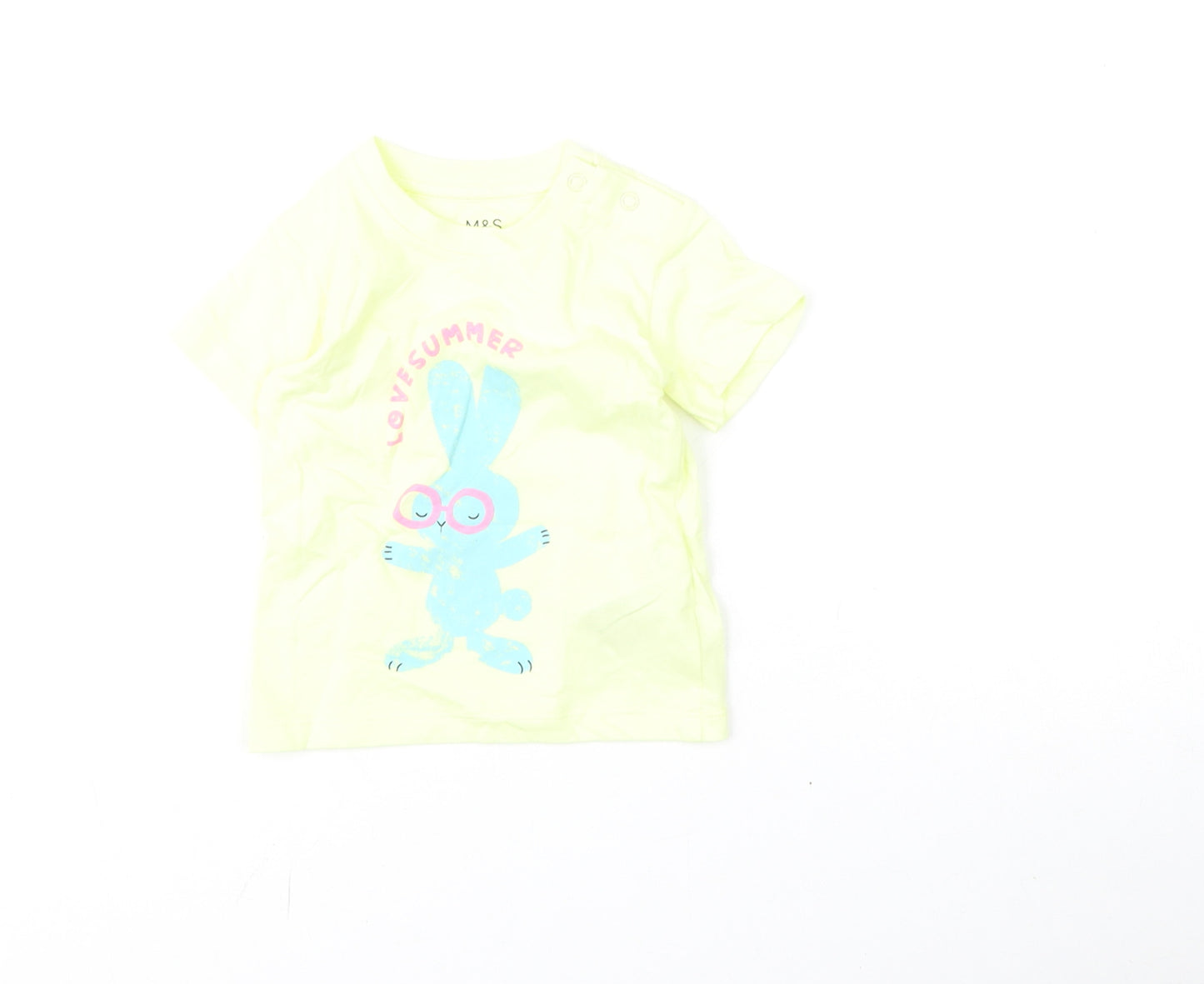 Marks and Spencer Girls Yellow Cotton Basic T-Shirt Size 3-6 Months Round Neck Snap - Bunny, Love Summer