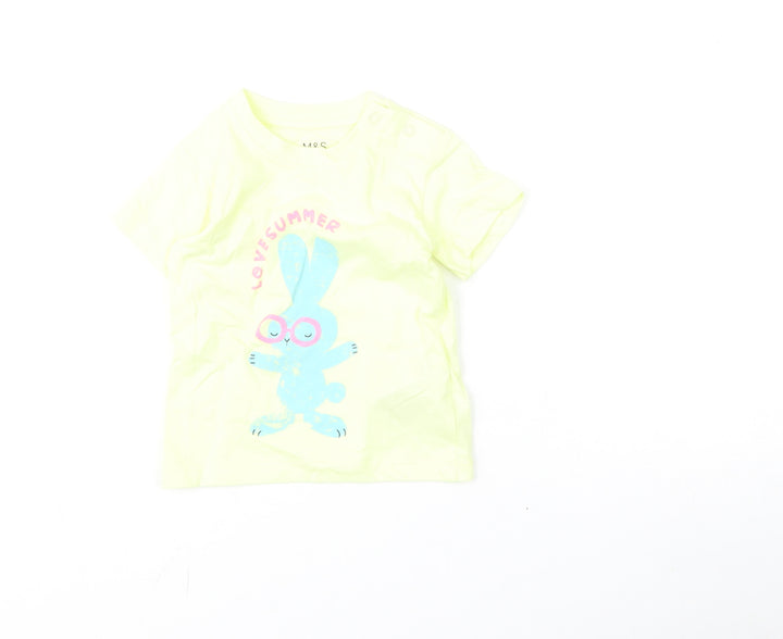 Marks and Spencer Girls Yellow Cotton Basic T-Shirt Size 3-6 Months Round Neck Snap - Bunny, Love Summer