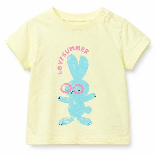 Marks and Spencer Girls Yellow Cotton Basic T-Shirt Size 3-6 Months Round Neck Snap - Bunny, Love Summer