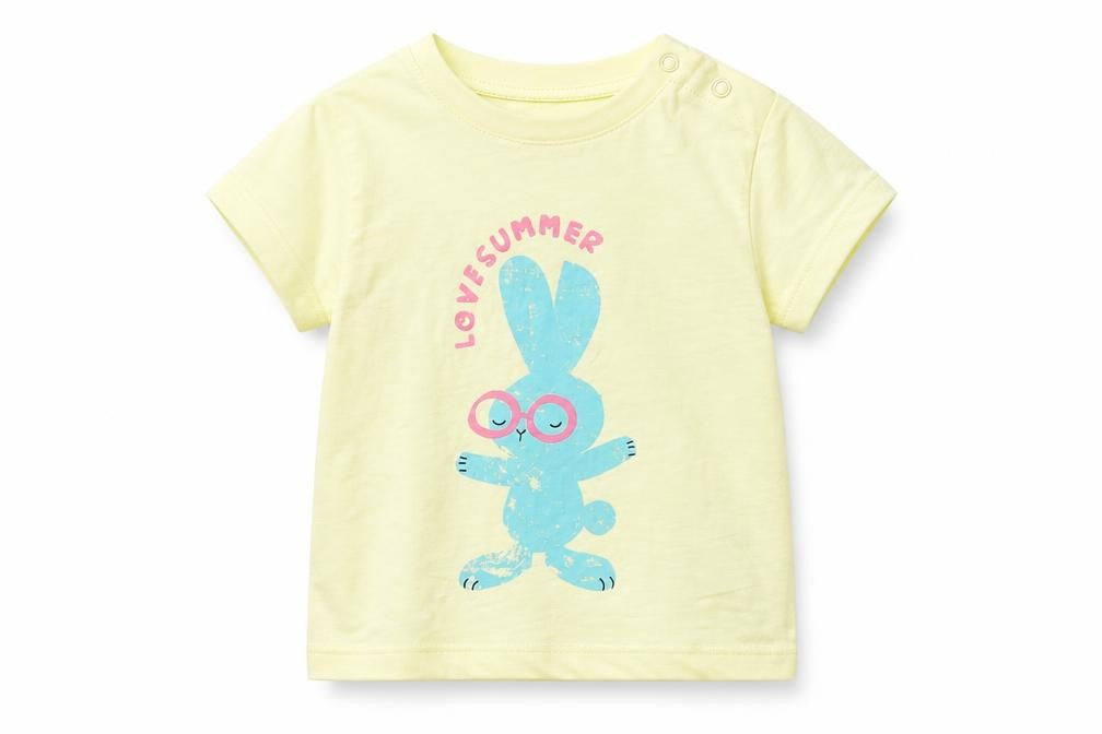 Marks and Spencer Girls Yellow Cotton Basic T-Shirt Size 3-6 Months Round Neck Snap - Bunny, Love Summer