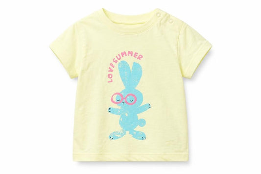 Front view of Marks & Spencer girls’ yellow cotton basic t-shirt, size 3-6, months round neck snap - bunny, love summer