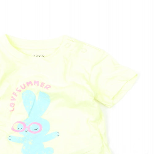 Marks and Spencer Girls Yellow Cotton Basic T-Shirt Size 3-6 Months Round Neck Snap - Bunny, Love Summer