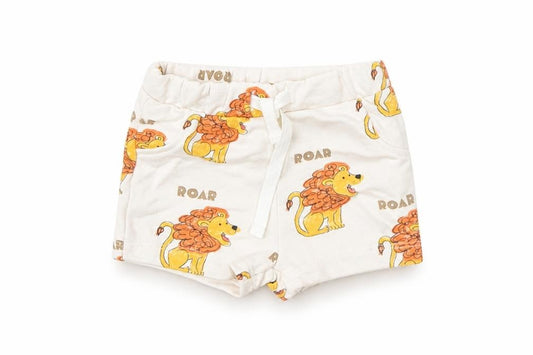 Front view of Marks & Spencer boys’ ivory geometric cotton cropped trousers, size 0-3, months drawstring - shorts, lion, roar