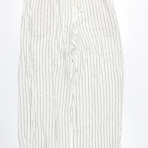 Marks and Spencer Womens White Striped Linen Trousers Size 14 L27 in Regular Drawstring