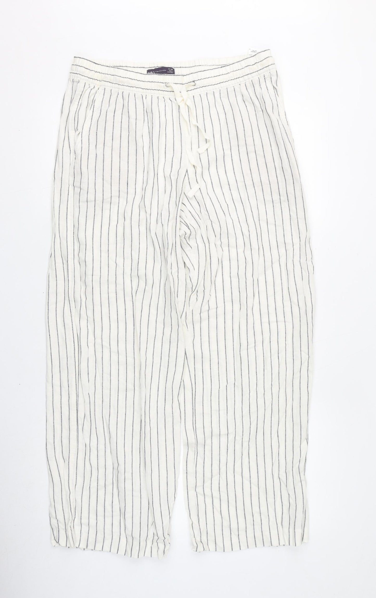Marks and Spencer Womens White Striped Linen Trousers Size 14 L27 in Regular Drawstring