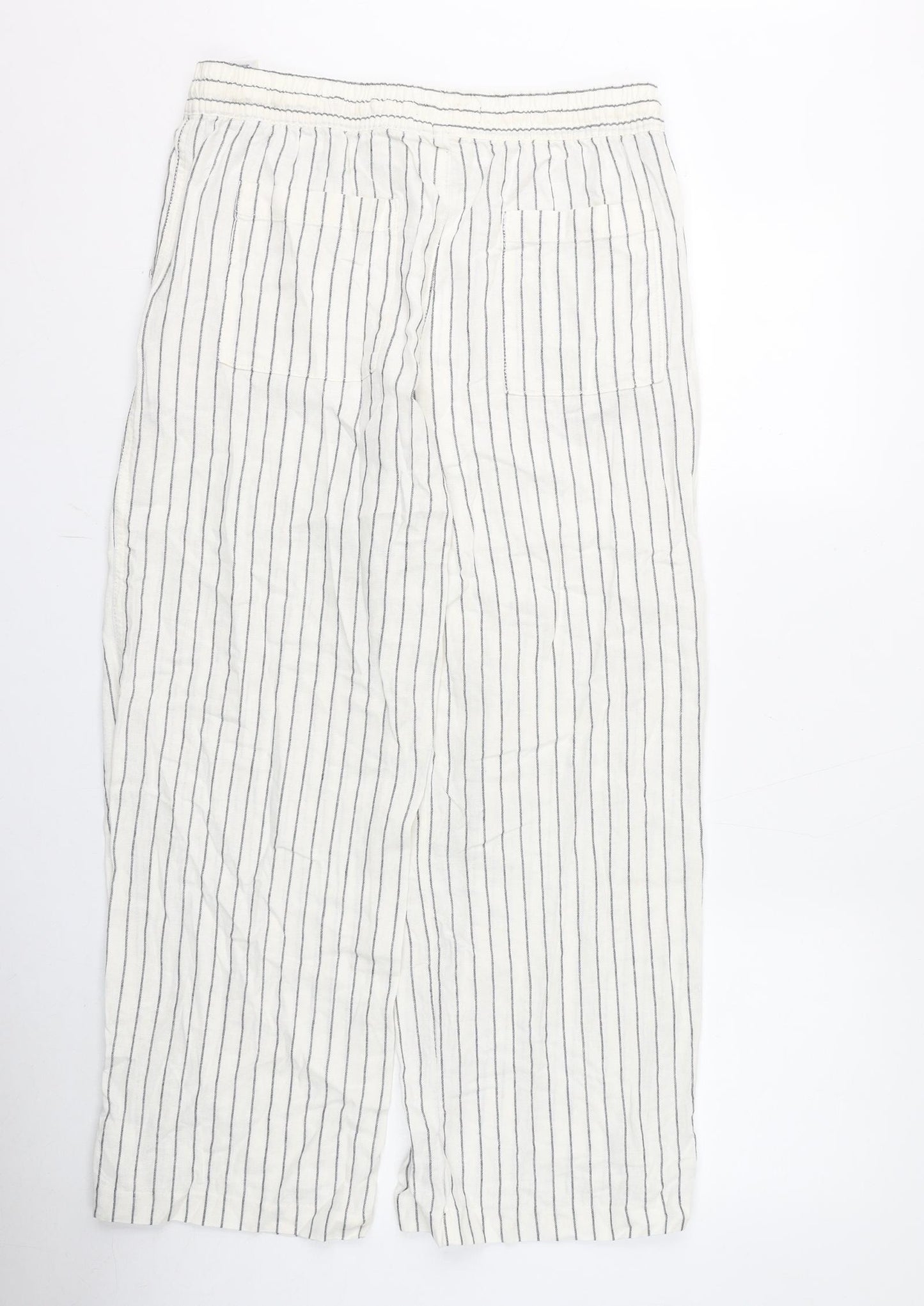 Marks and Spencer Womens White Striped Linen Trousers Size 14 L27 in Regular Drawstring