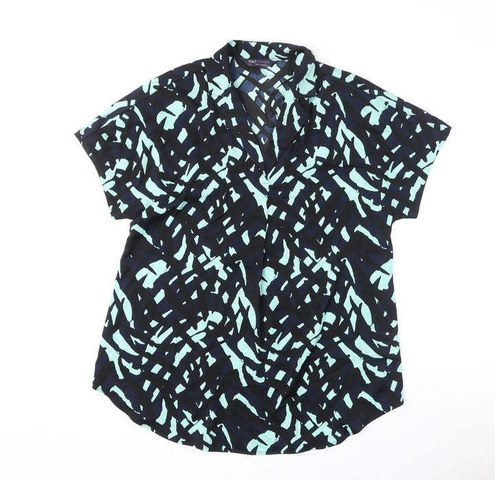 Marks and Spencer Womens Blue Geometric Polyester Basic Blouse Size 8 Collared